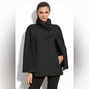 Tahari bow scarf cape jacket black wool small swing coat Scandinavian coquette